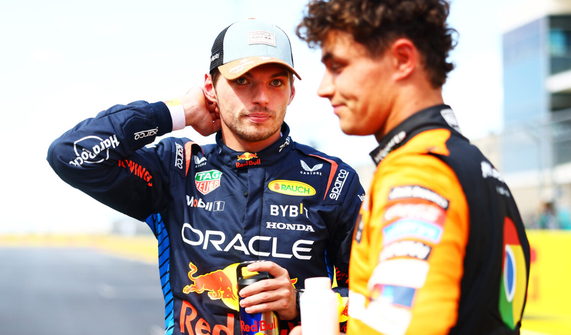 Sprint winner Max Verstappen of the Netherlands and Oracle Red Bull Racing and Third placed Lando Norris of Great Britain and McLaren talk in parc ferme during the Sprint ahead of the F1 Grand Prix of United States at Circuit of The Americas